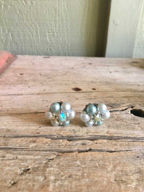 Cluster Earrings / Faux Pearls / Light Blue / Sky… - image 6