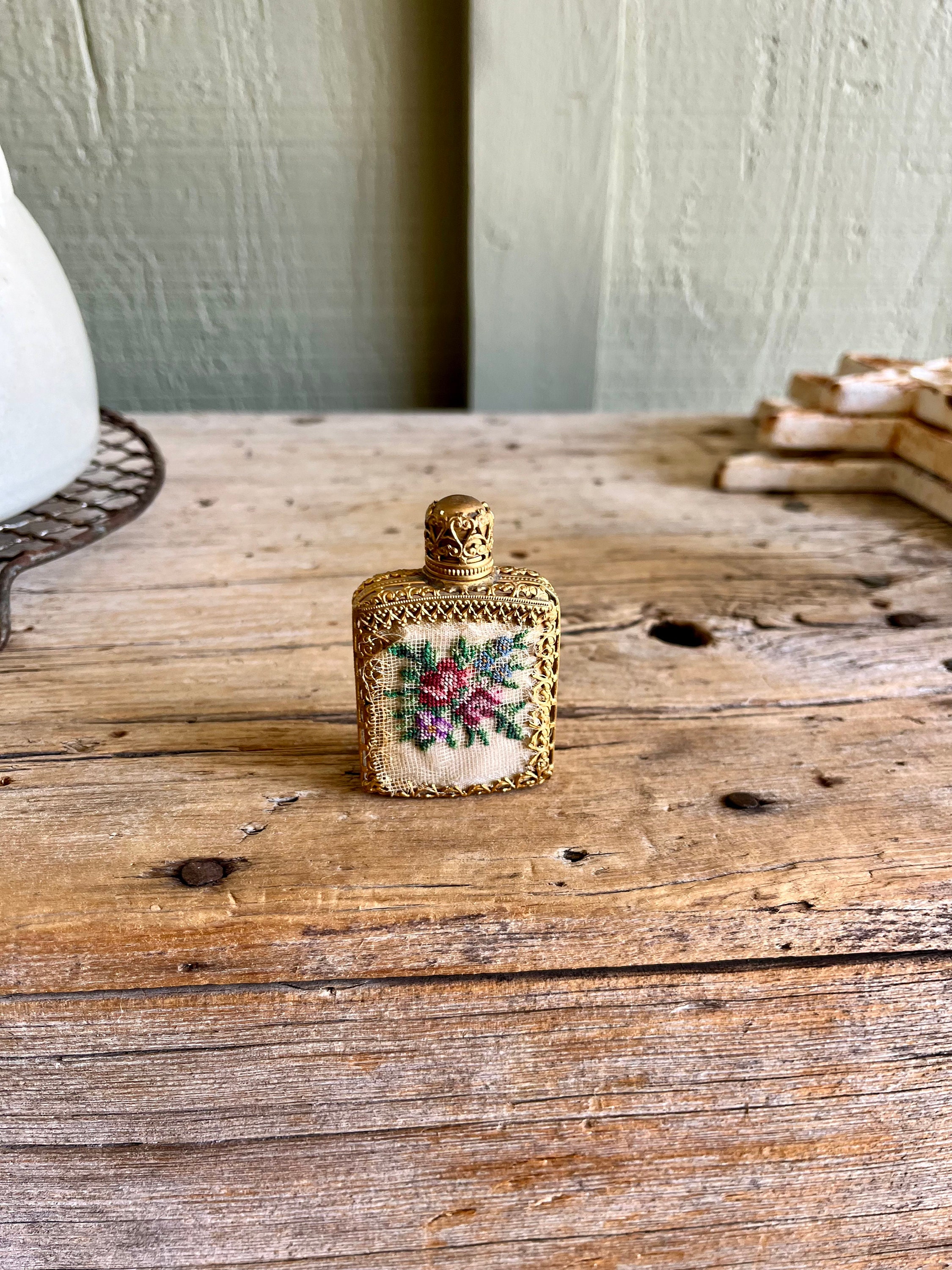 Glass Perfume Bottle / Gold Tone / Small Bottle / Cross Stitch / Red Rose / Purple Rose / Burgundy Rose / Green Leaves / With Dauber / Needl