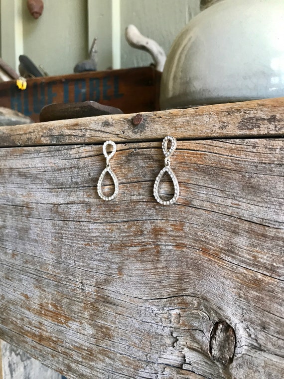 Silver Tone / Clear Rhinestone / Dangle Earrings … - image 3