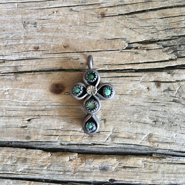 Sterling Silver Pendant / Cross / Turquoise Stones / Coral Stones / Reversible / Sawtooth Bezel / Native American / Zuni / Floral / Patina