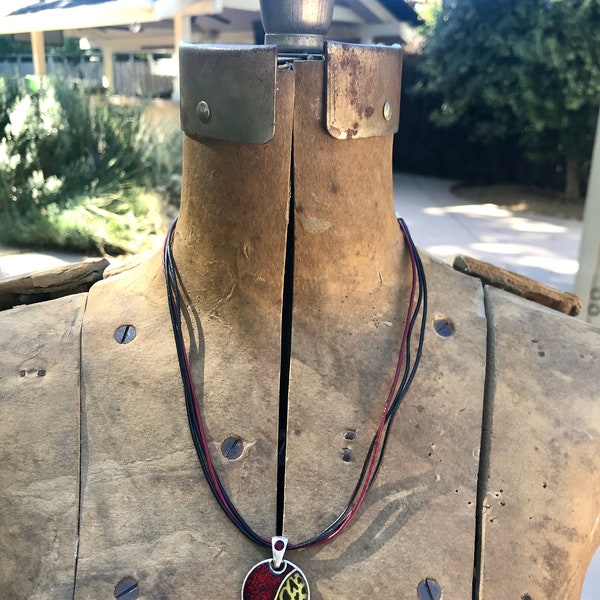 Chico’s Jewelry / Choker Necklace / 2 Black Cords / 1 Red Cord / Circle Pendant / Half Red / Half Cheetah Spots / Red Rhinestone