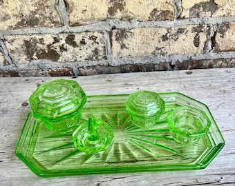 art deco green glass dressing table set / Vanity / Dresser Set / / Uranium Glass / 7 Piece / Glass Tray / Ring Dish / Powder Jars / C1930s Mermaid