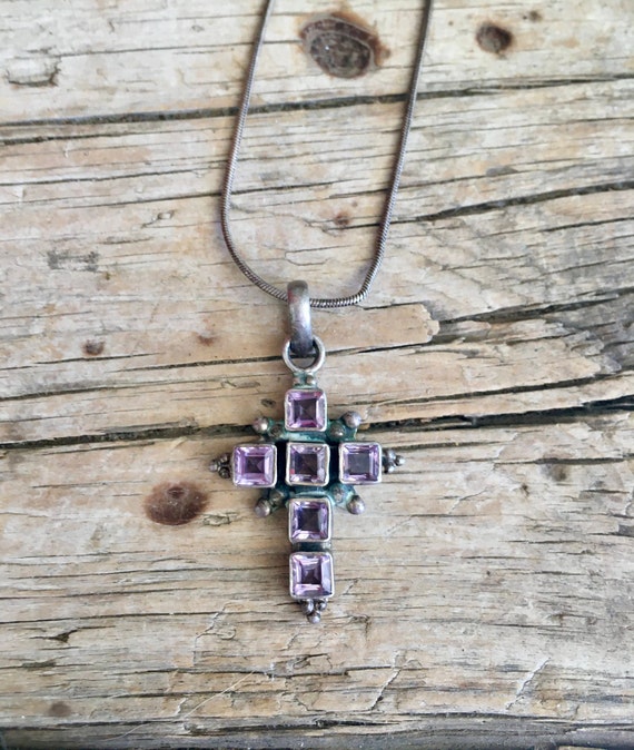 Sterling Silver Necklace / Cross Pendant / Square… - image 1