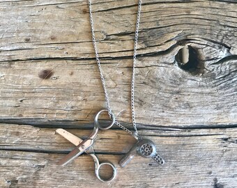 Sterling Silver / Rolo Link Chain / Hairdresser Necklace / Hair Stylist / Blow Dryer Pendant / Scissors Pendant / Scissors Marked Germany /