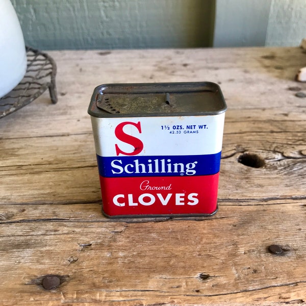 Schilling / Cloves Tin / Seasoning Tin / Ground Cloves / 1 1/2 Ounces / House of McCormick / Red White and Blue / Square Tin / Kitchen Decor