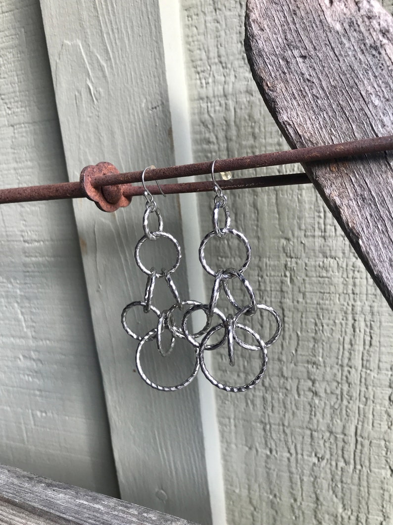 Silver Tone / Dangle Earrings / Long Earrings / Textured Circles ...