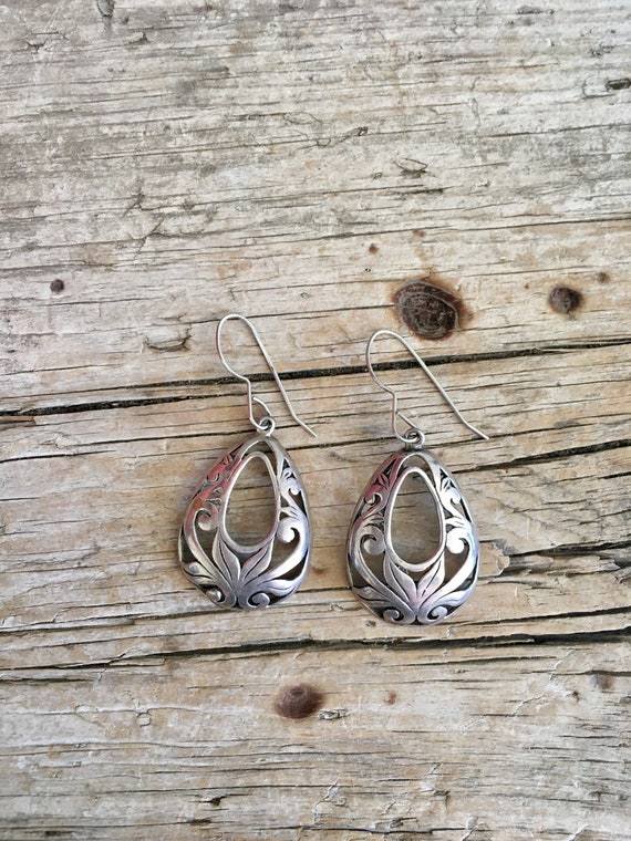 Sterling Silver Earrings Dangle Hoop Floral Cutouts