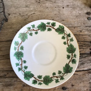 May include: A white saucer with a green and gold ivy design around the edge.