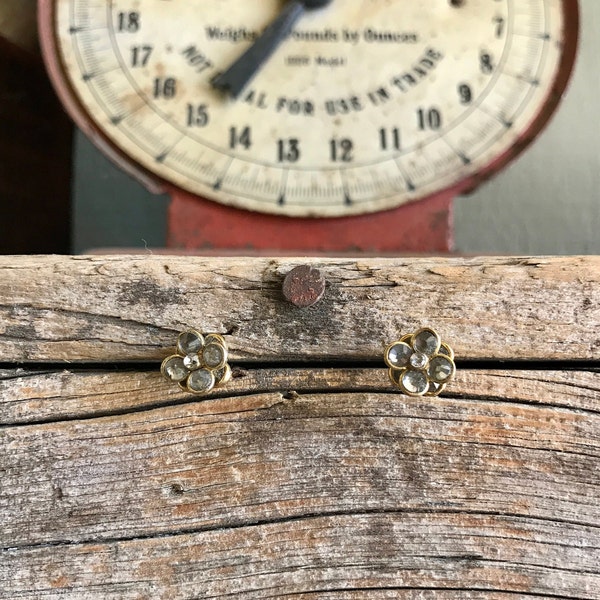 Gold Tone / Floral Earrings / Gray Rhinestones / Stud Earrings / Clear Rhinestone / Layered Flower / Anthropologie /