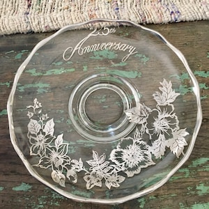 Glass Dish / Silver Overlay / 25th Anniversary / Flowers / Floral / Roses / Plate  / Gift / Scalloped Edge / Decorative