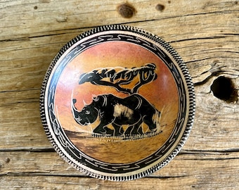 Soapstone Dish / Hand Painted Dish / Little Dish / Small Bowl / Rust Orange / Black Rhinoceros / Walking Under Tree /