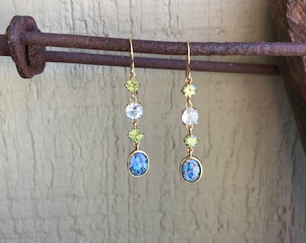 14K Gold / Dangle Earrings / Prong Set / Peridot Gemstone / Aquamarine Gemstone / Blue Dichroic Glass / Bezel Set / Yellow Gold