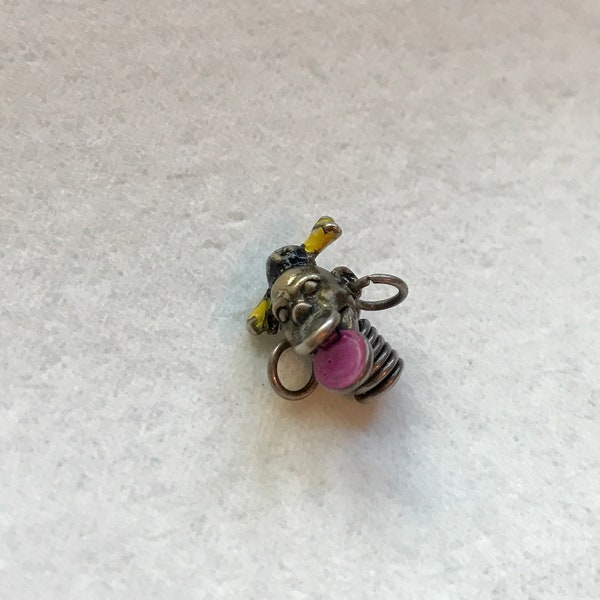 Sterling Silver / Native African / Head Charm / Enamel Work / Pink Tongue / Hoop Earrings / Mechanical / 1940s / Rare