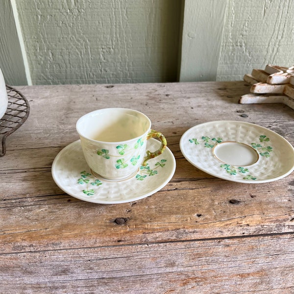 Belleek Pottery / Teacup and Saucer / 2 Saucers / Demitasse Teacup / Green Shamrock / Basketweave