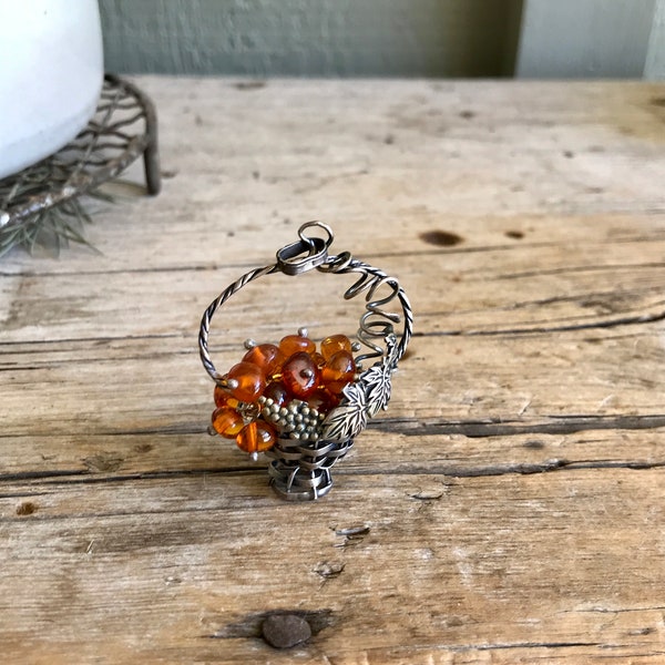 Sterling Silver  / Amber Gemstones / 3D Pendant / Basket / Grapes / Grape Leaves / Scroll / Valerio / Baltic Amber / Poland