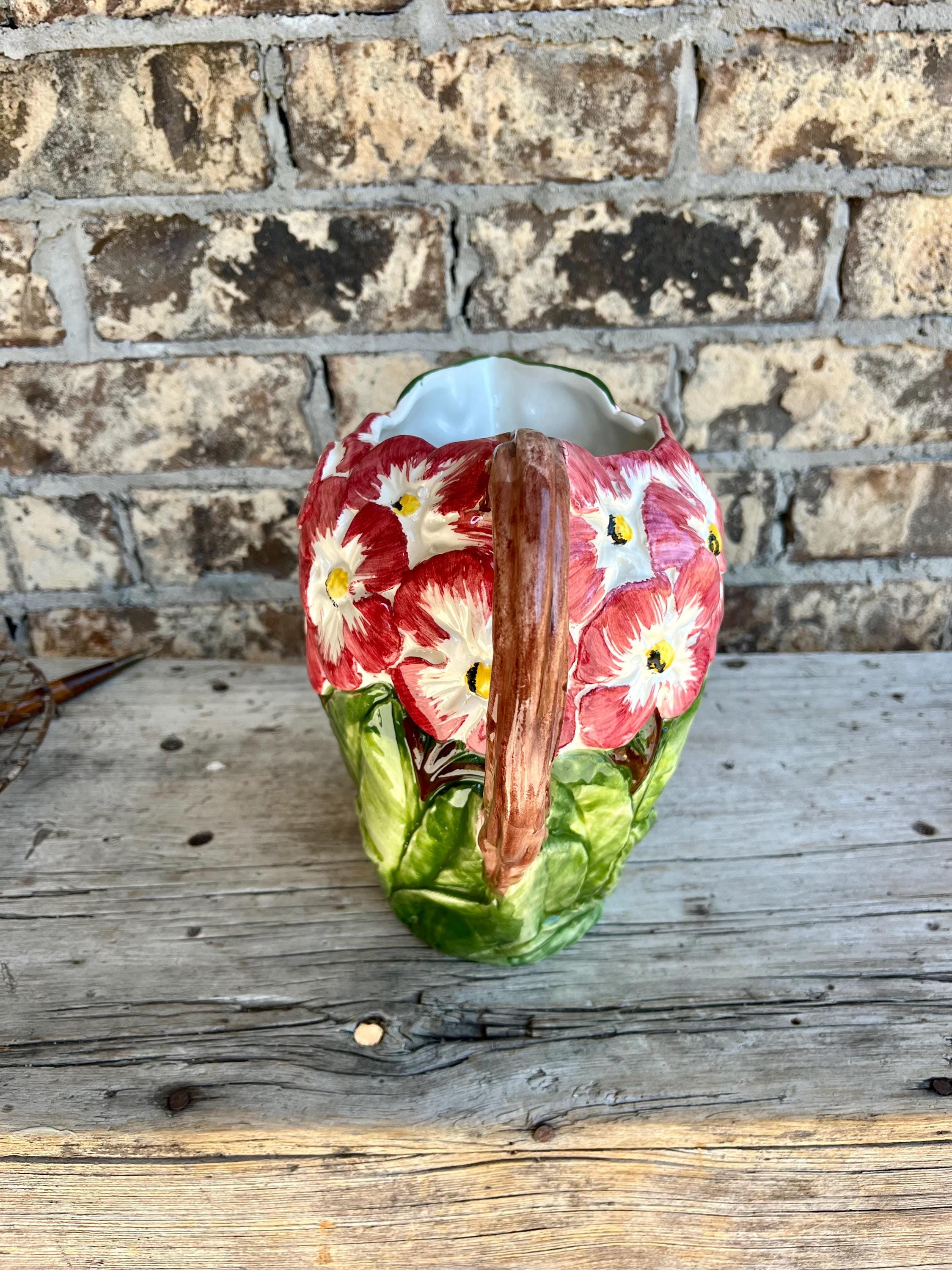 Malolica Pitcher / Bassano Ceramic / Hand Painted / Floral / Pink