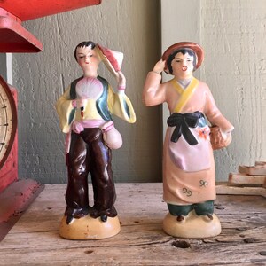 Ceramic Figurines / Asian Couple / Man and Woman / Chinese / Standing / Set / Rice Hats /