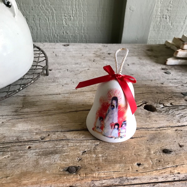 Ted DeGrazia / Christmas Bell / 1999 / Limited Edition / Native American / Mom and 4 Children / Sandstone / Red Ribbon / Red Clanger