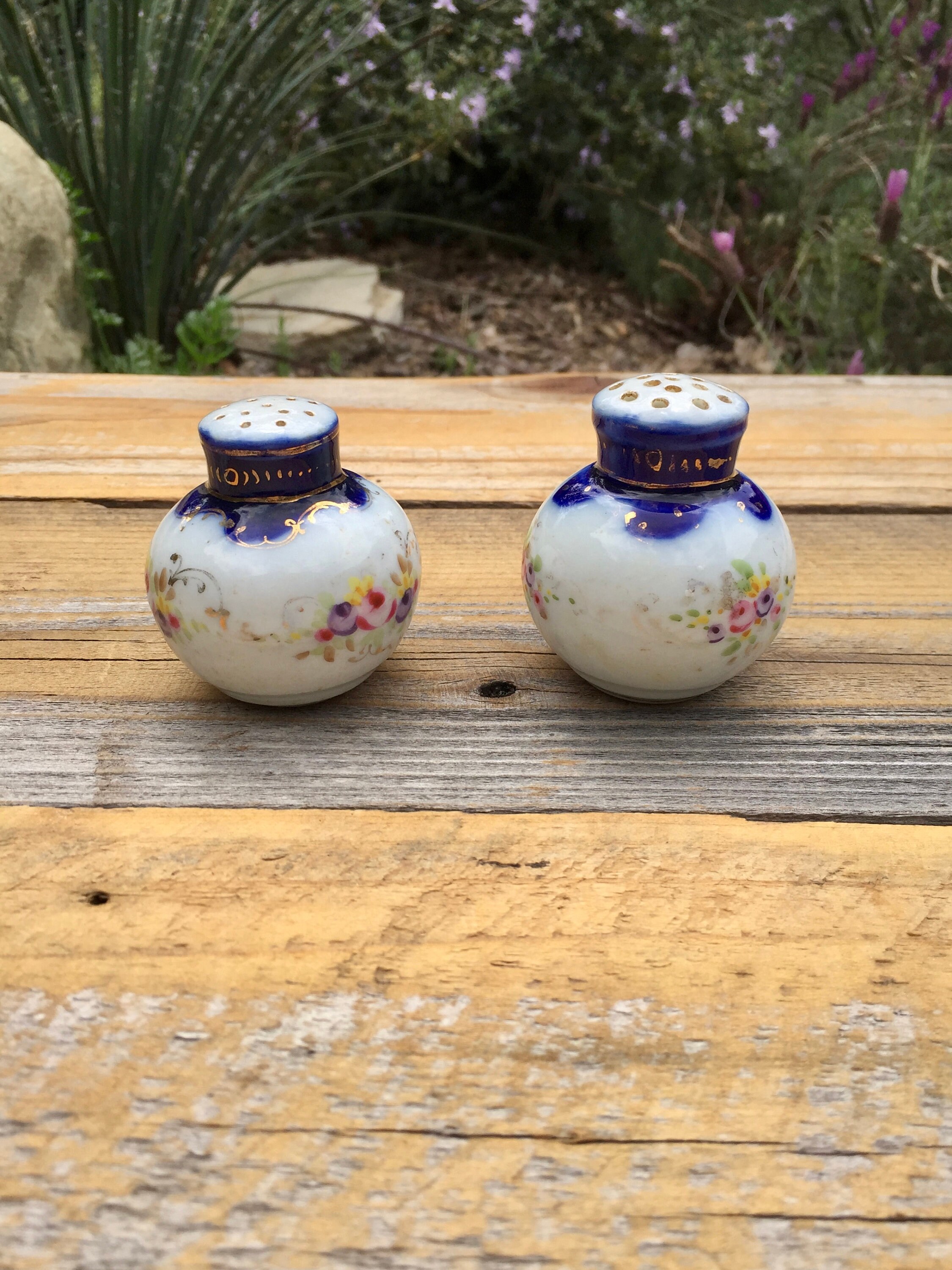 Hand Painted Salt and Pepper Shakers / Royal Blue / Gold / Pink