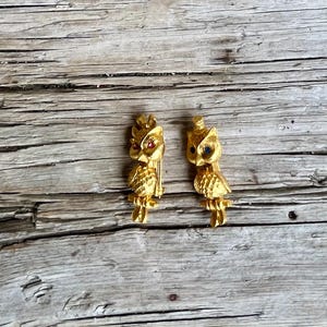 May include: Two gold-toned owl pins featuring textured feather details and perched on small branches. The left owl has red gemstone eyes, while the right owl has blue gemstone eyes. Both pins are crafted with a metallic finish and detailed wings.