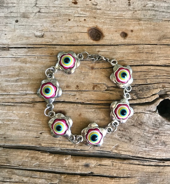 Silver Tone / Floral Links / Evil Eye / Lucite / H