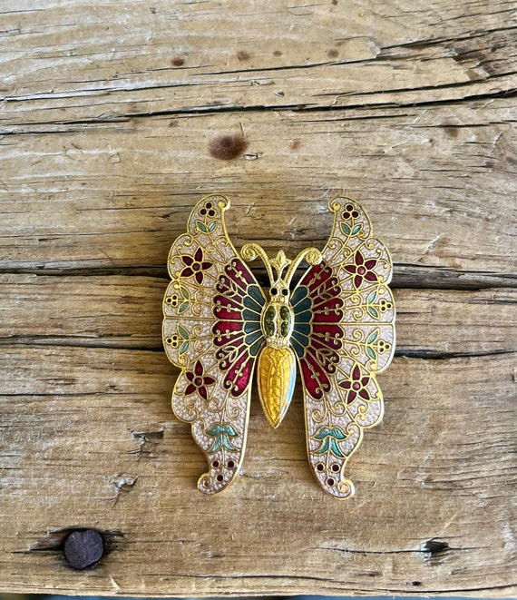 Enamel Brooch / Large Butterfly / Gold Tone / Floral / Red Enamel / Green Enamel / Yellow Enamel / Pink Enamel /