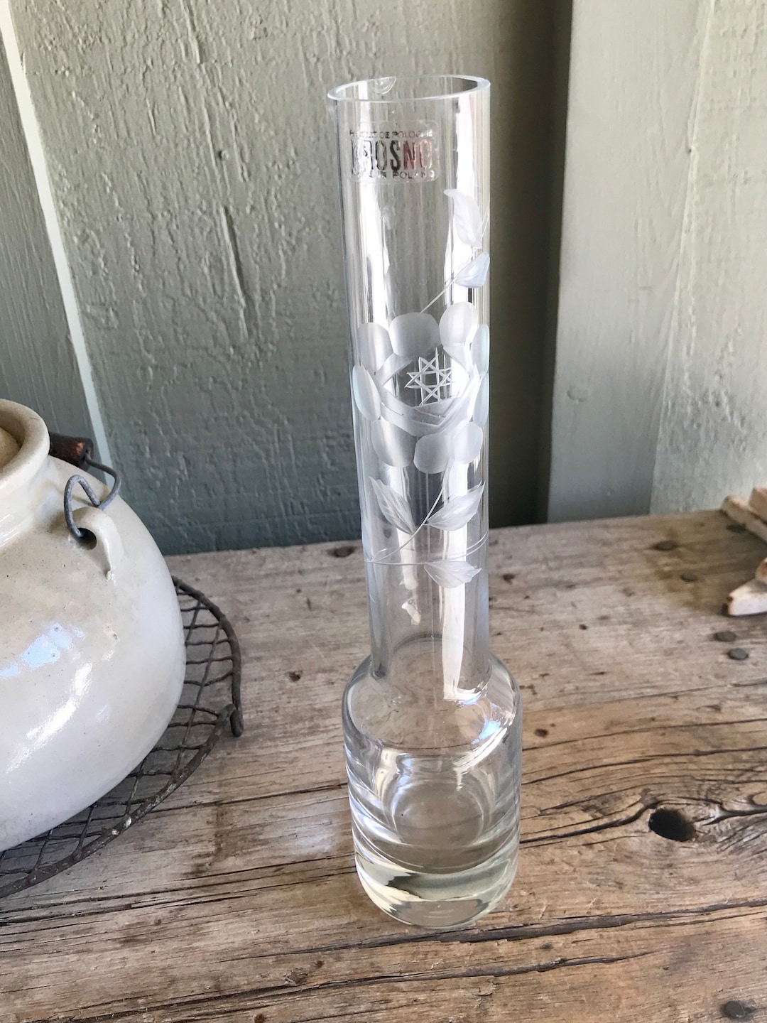 Krosno Crystal / Glass Vase / Star of David / Etched Flower / Etched