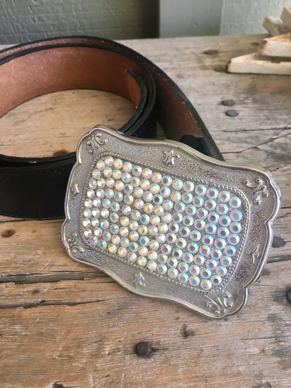 Rhinestone Belt Buckle / Silver Tone / Handmade /… - image 1