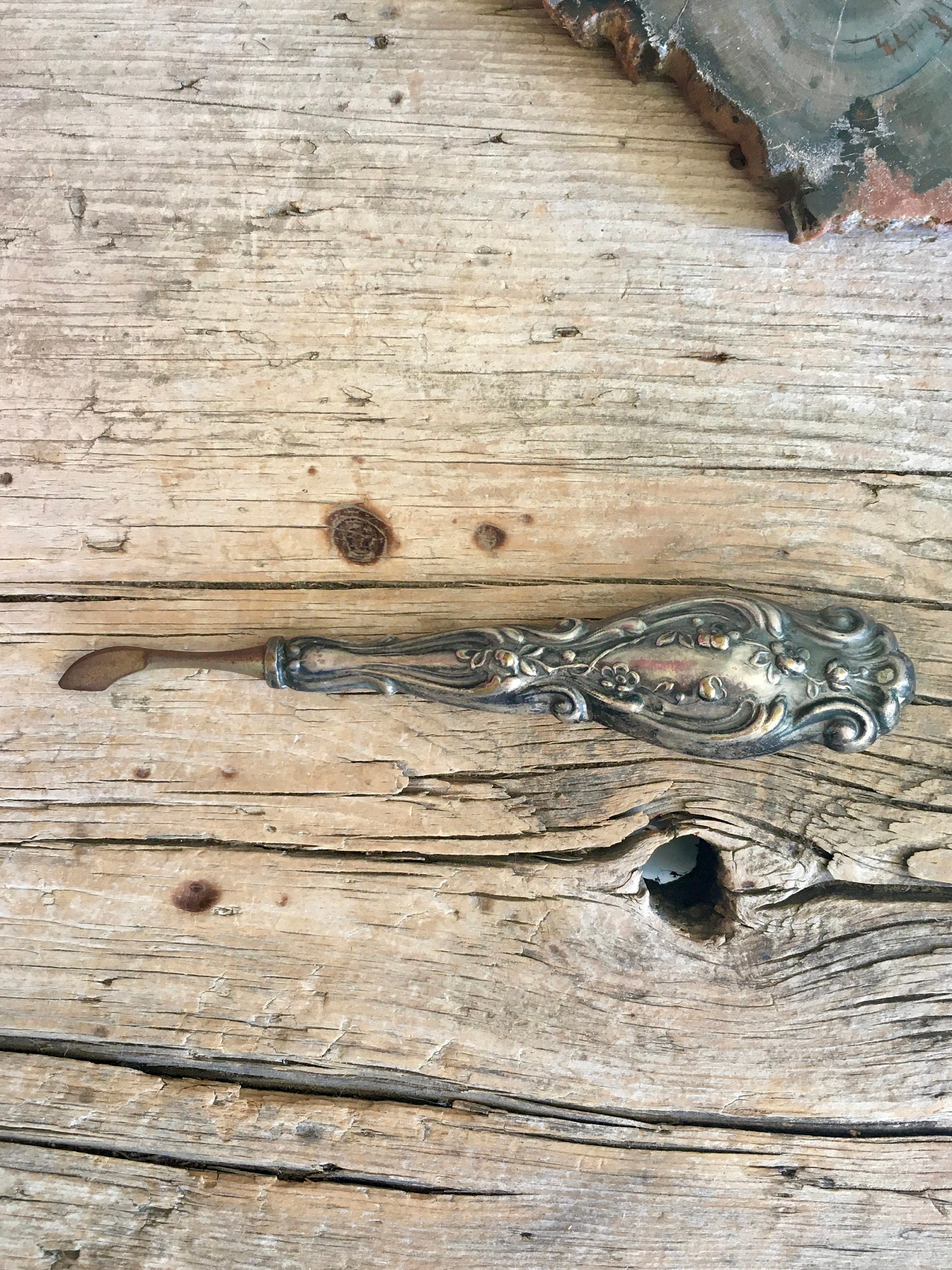 Sterling Silver Nail Tool / Cuticle Pusher / Cuticle Presser / Vanity Grooming / Boudoir / Art Nouveau / Bath Vanity / Patina / Floral