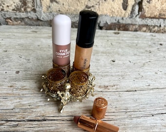 Sam Fink / Lipstick Holder / Cherub playing Guitar / Floral / 4 Holders / Gold Tone / Filigree / Silver Tone / Footed / Vintage Vanity /