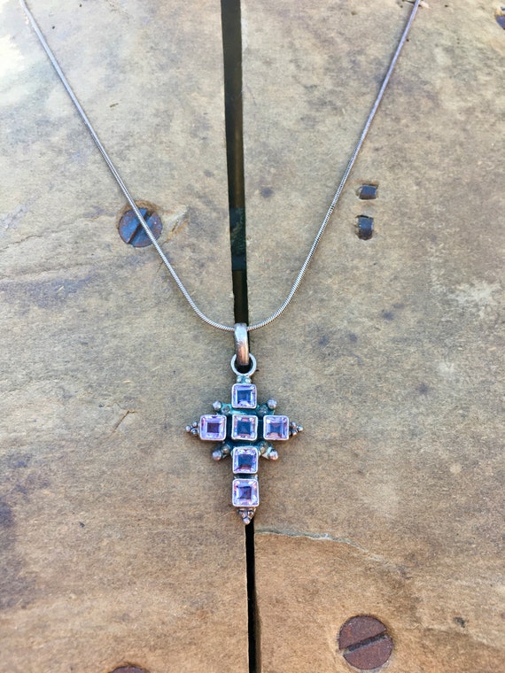 Sterling Silver Necklace / Cross Pendant / Square… - image 4