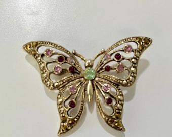 Gold Tone / Rhinestone Brooch / Colorful Butterfly / Open Work / Pink Rhinestones / Purple Rhinestones / Green Rhinestone / Textured /