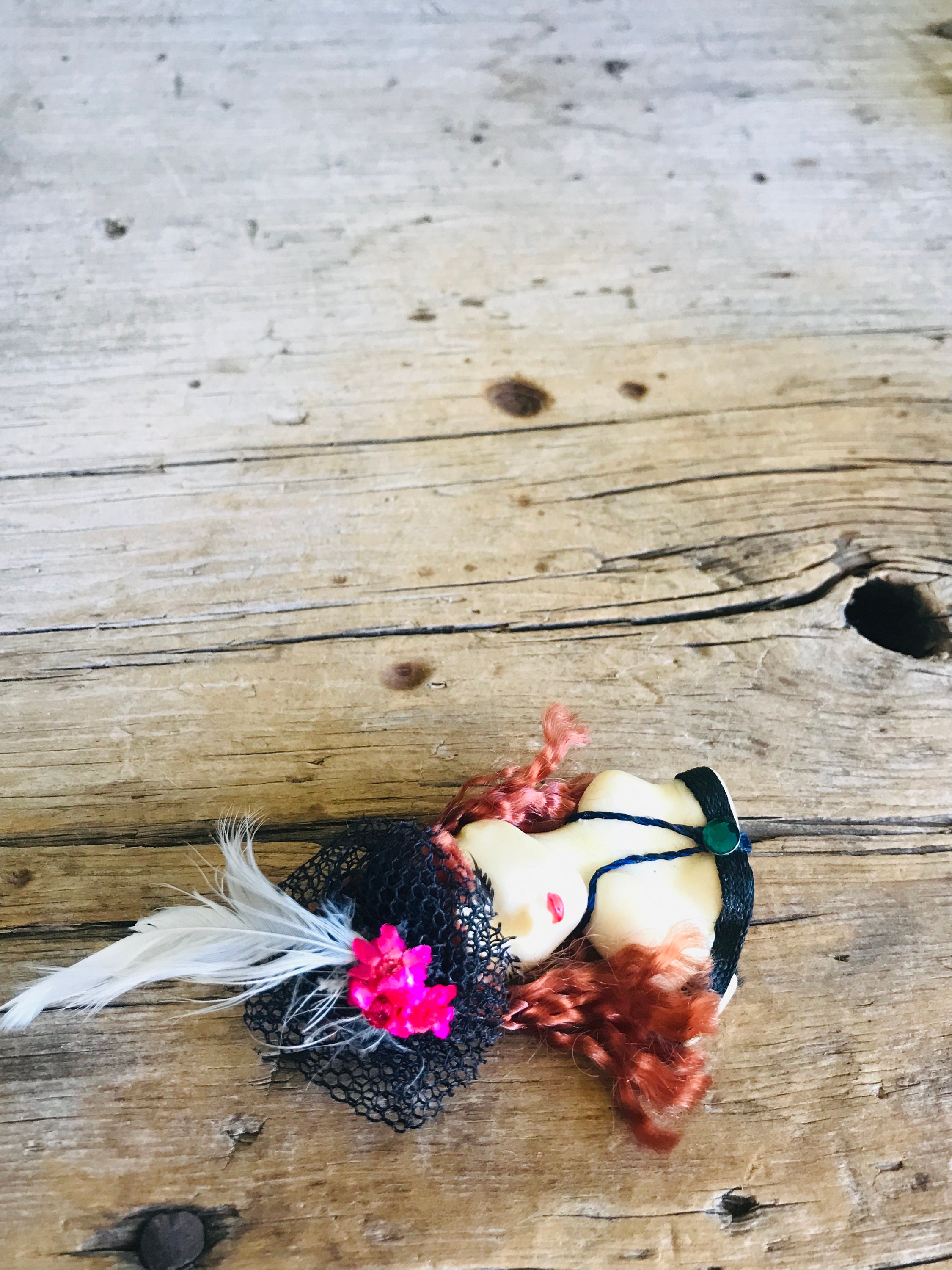 Lady Face Brooch / Caucasian Womam / Red Curly Hair / Black Net Hat ...