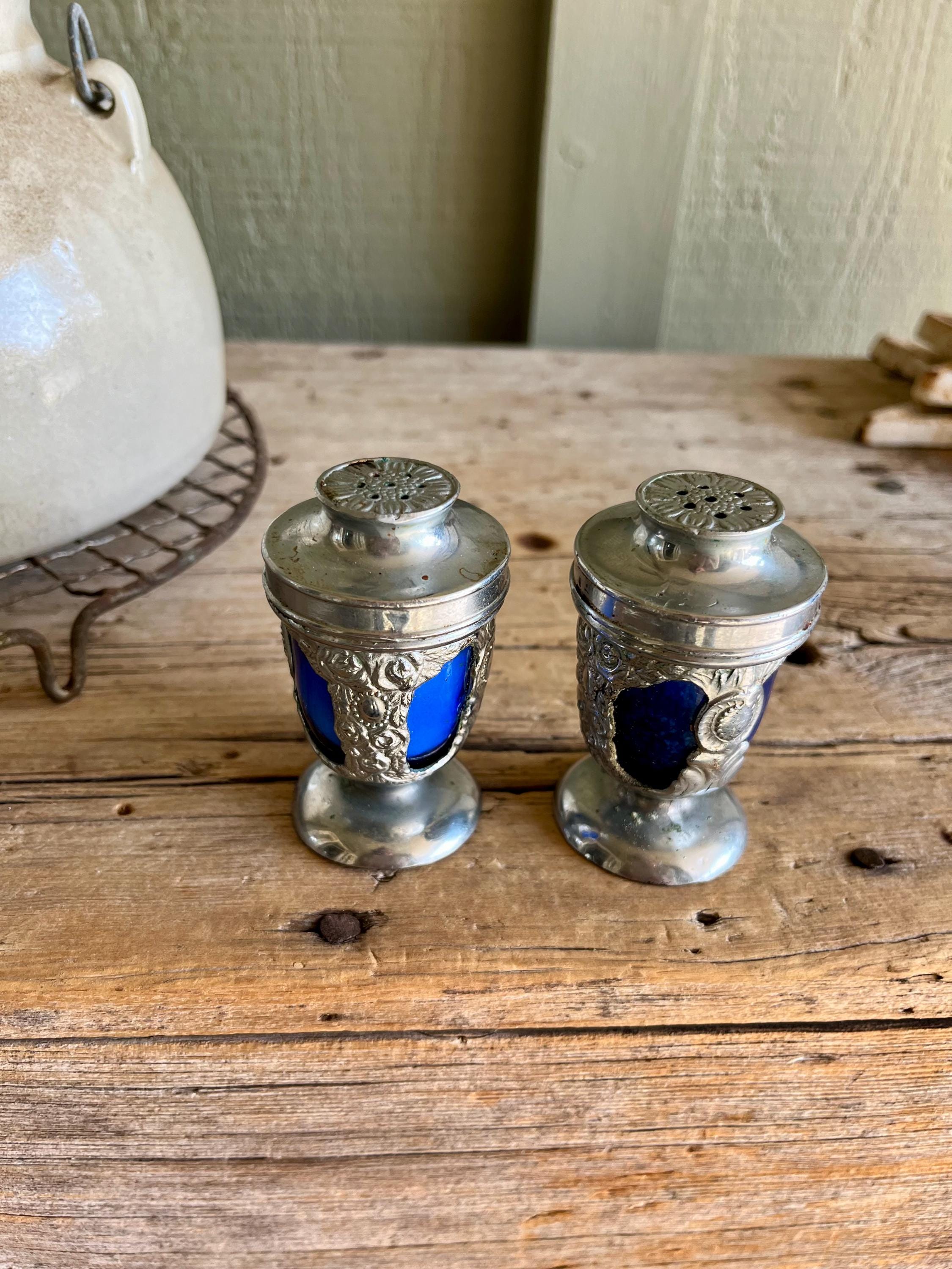 Salt and Pepper / Silver Tone Shakers / Blue Glass Inserts