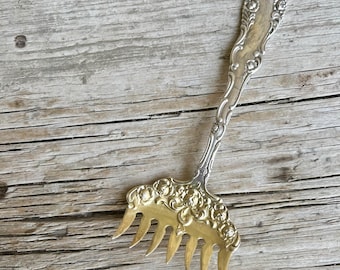 Towle Sterling / Sardine Fork / Old English / Floral Roses / Gold Gilt / 7 Tine / 28 Grams / 5 Inch