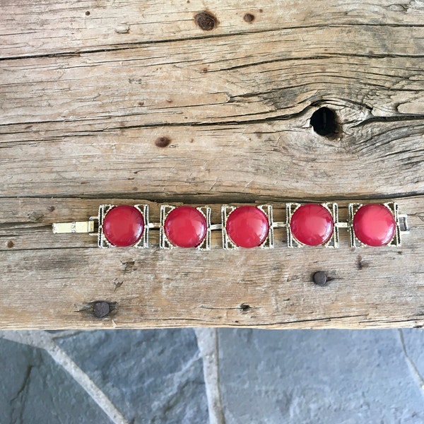 Silver Tone Bracelet / Panel Link / Big Squares / Open Work / Openwork Design / Red Lucite / Circle Disc / 6 Inch / Lightweight /