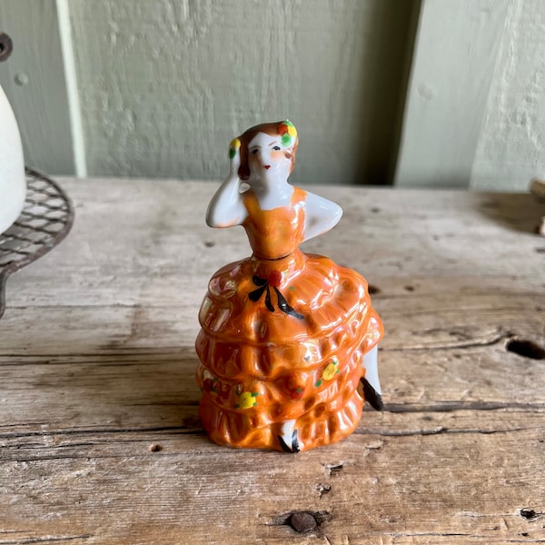 Perfume Bottle / Porcelain Lady / Civil War Dress / Long Orange Ruffled Dress / With Dauber / Gold Castle / Hand Painted / Chikusa / Luster