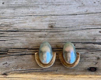 Sterling Silver / Taxco Mexico / Large Earrings / Mabe Pearl / Bezel Set / Gray Pearl / Domed / Latch Back Posts / Made in Mexico / Pierced