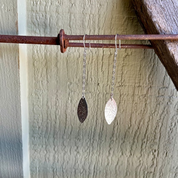 14K Gold / White Gold / Dangle Earrings / Textured Ovals / Pointed Ovals / Rolo Chain / Long Earrings / Made in Italy