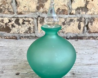 Perfume Bottle / Teal Satin Skin / Frosted Sea Foam / Art Glass / Clear Flame Stopper / Matte Finish /