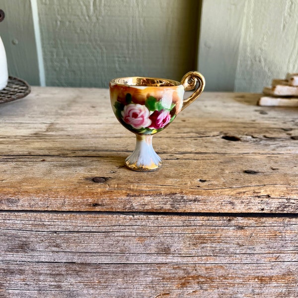 Porcelain Cup / Footed Cup / Floral Porcelain / Roses / Gold Gilt / Demitasse Cup / Small Cup / 2 Fluid Ounces /