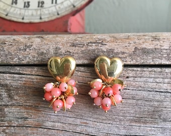 Sterling Silver / Gold Vermeil / Post Earrings / Le Monde des Bijoux / Puffy Gold Heart / Cha Cha / Pink Glass Beads / Mini Gold Hearts