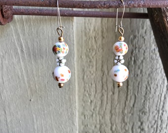 Glass Bead Earrings / Porcelain Beads / Dangle / White Bead / Flower Bead / Multi Color Flowers / Gold Tone Beads /