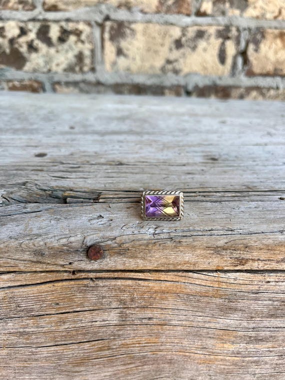 Sterling Silver / Ametrine Gemstone / Amethyst and Citrine  / Rectangle Ring / High Profile / Rope Detail / Size 3 3/4 / 6 Grams