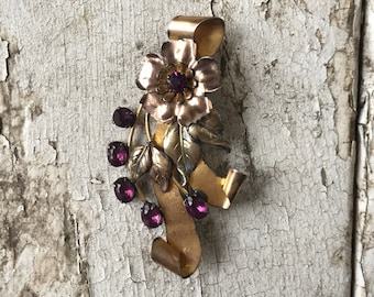 Sterling Silver / 12K Gold Filled / Purple Rhinestones Brooch / Large / Flower / Leaves / Ribbon / Floral / Amethyst Color