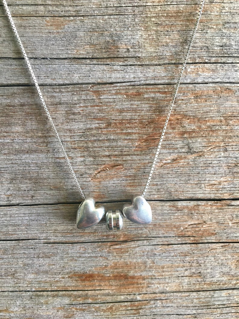 Sterling Silver Necklace Sliding Pendants Two Hearts Puffy Puffed 3D Circular Disc Yoyo Shape Box Chain Italy Choker