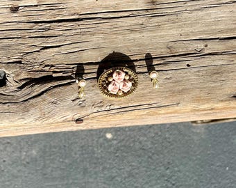 Gold Tone / Demi Parure / Jewelry Set / Porcelain Roses  / Pink Roses / Faux Pearls / Brooch and Earrings / Drop Earrings / Open Work