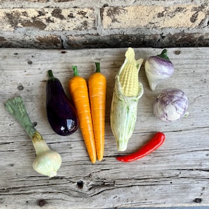 May include: A collection of ceramic decorative vegetables including a green onion, a glossy purple eggplant, two orange carrots, a corn cob with husks, a small purple and white turnip, a round purple onion, and a single bright red chili pepper.