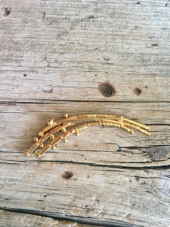 Gold Tone Brooch / Rhinestone / Curved / Clear St… - image 5