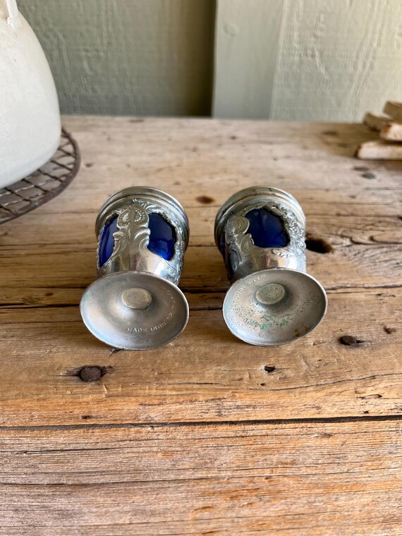 Salt and Pepper / Silver Tone Shakers / Blue Glass Inserts